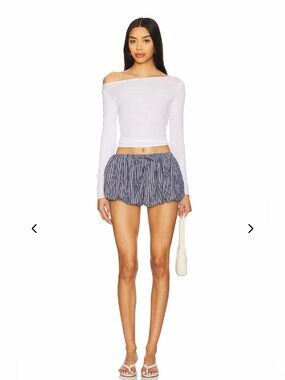 For Love & Lemons Blue Striped Bubble-Hem Shorts